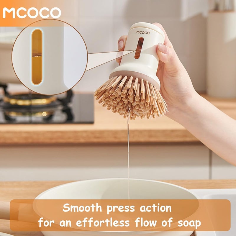MOCOCO Soap Dispensing Palm Brush Scrub Brush with Soap Dispenser Palm Dish Brush Soap Dispenser Brush Dish Scrub Brush for Kitchen Cleaning, Pan, Pot, Sink 2 Pack Yellow - Image 4